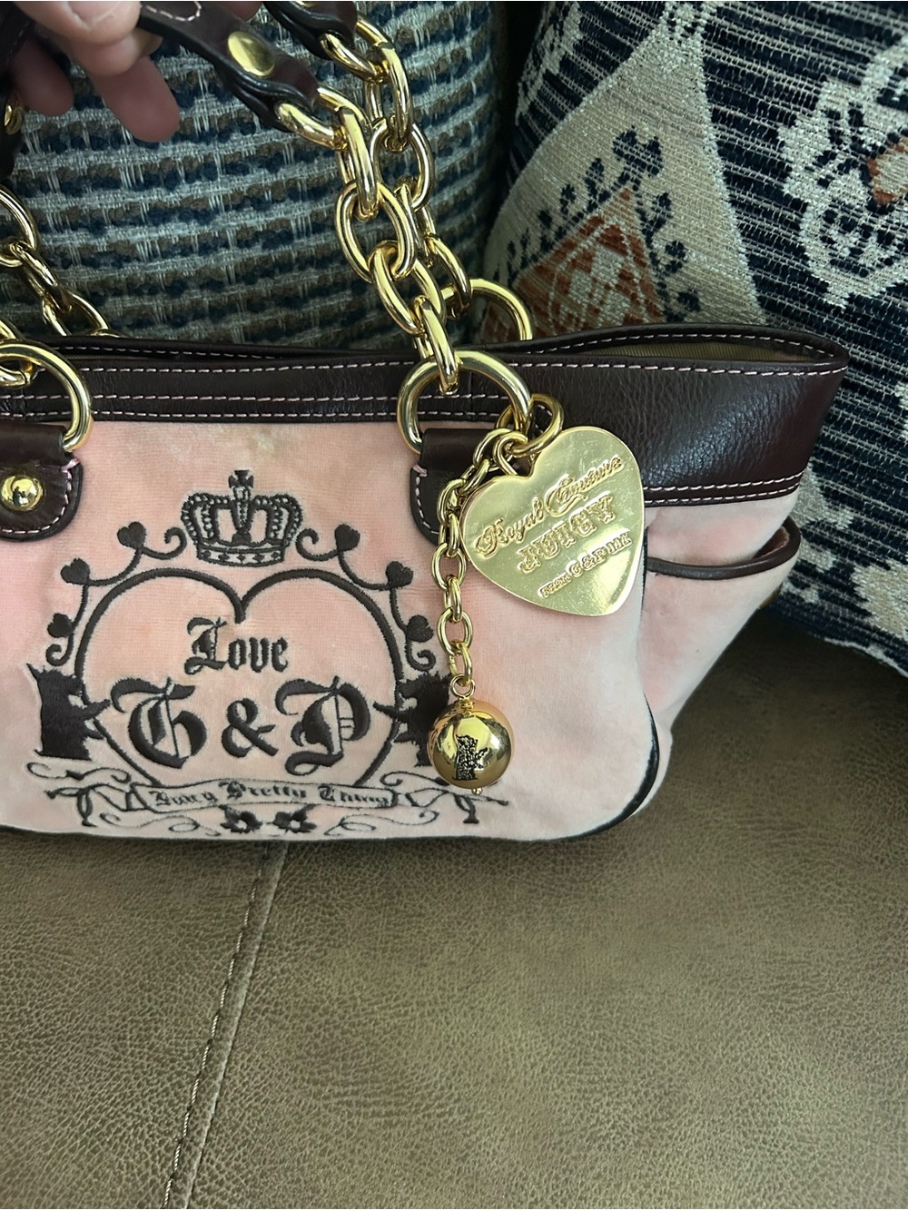 Juicy Couture Pink & Brown Logo Charm Chain-Handle Shoulder Bag Vintage Y2K - Picture 6 of 9